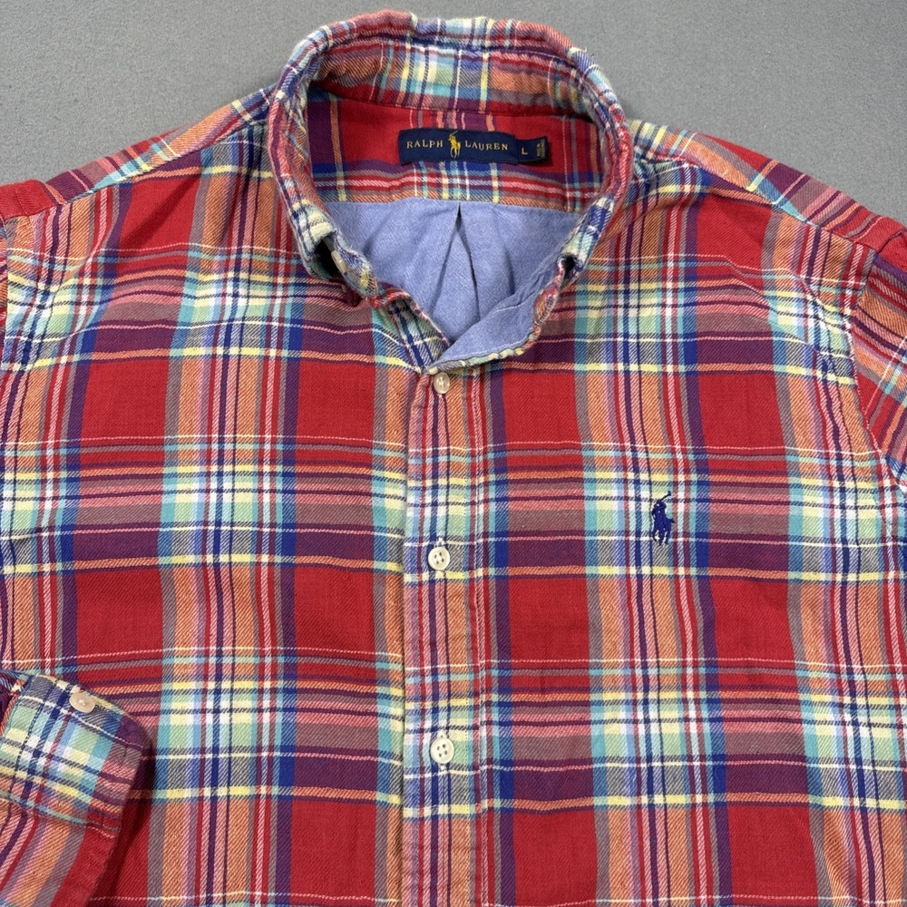 POLO Ralph Lauren Men's Large Red Plaid  Flannel Shirt Blue Chambray Lined